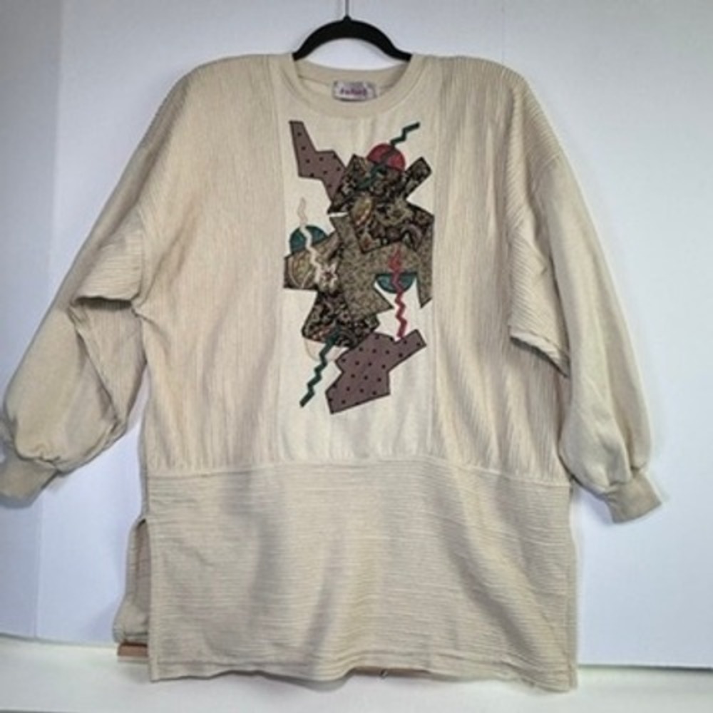 Vintage Rafael Cream Ribbed Pullover Top XL Geometric Paisley Patch Art to Wear